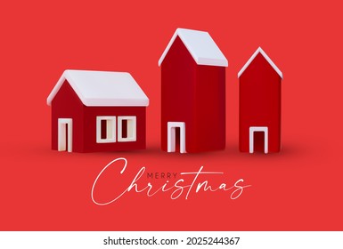 3D little Christmas houses set with snow. Isolated holiday elements.