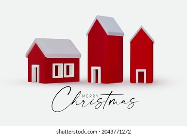 3D little Christmas houses set with snow. Isolated holiday elements.