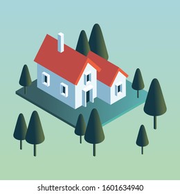 3d little house. Sunny summer day. Isometric vector illustration.