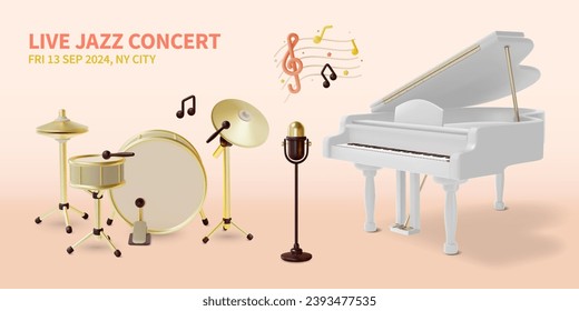 3d Live Jazz Concert Invitation Poster Template Cartoon Style. Vector illustration of Music Festival or Musical Event