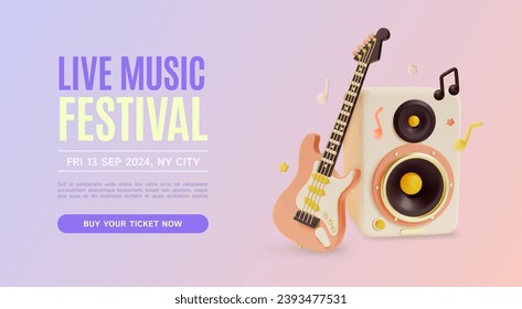 3d Live Music Festival Placard Poster Banner Card Template Cartoon Style. Vector illustration of Electric Guitar and Sound Speakers