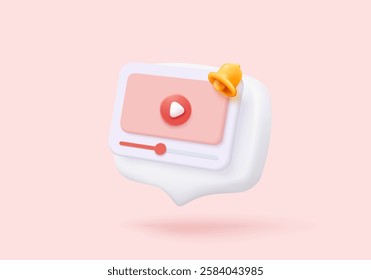 3D live stream icon on social media browser, emotion in cinema frame. Social media playing video promote the idea of passive revenue generation. 3D live entertainment icon vector render illustration