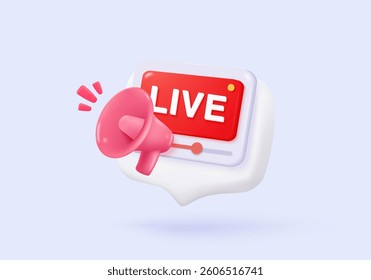 3D live stream icon on social media browser, emotion in cinema frame. Social media playing video promote the idea of passive revenue generation. 3D live entertainment icon vector render illustration