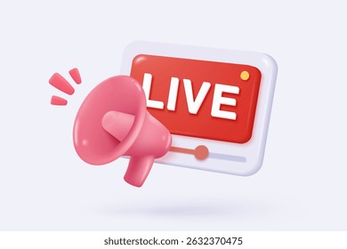 3D live stream icon on social media browser, emotion in cinema frame. Social media playing video promote the idea of passive revenue generation. 3D live entertainment icon vector render illustration