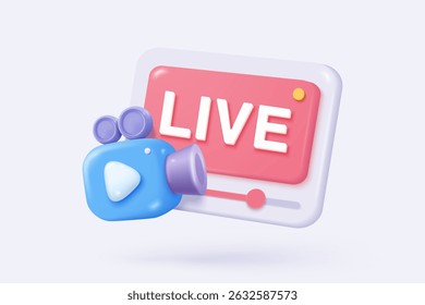 3D live stream icon on social media browser, emotion in cinema frame. Social media playing video promote the idea of passive revenue generation. 3D live entertainment icon vector render illustration