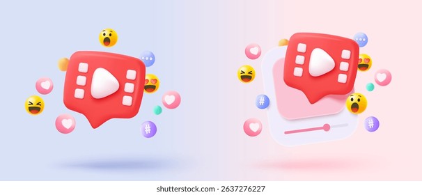 3D live stream icon on social media browser, emotion in cinema frame. Social media playing video promote the idea of passive revenue generation. 3D live entertainment icon vector render illustration