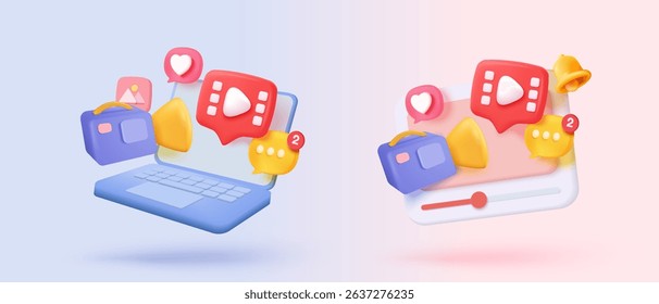 3D live stream icon on social media browser, emotion in cinema frame. Social media playing video promote the idea of passive revenue generation. 3D live entertainment icon vector render illustration