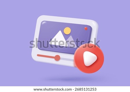 3D live stream icon on social media browser, emotion in cinema frame. Social media playing video promote the idea of passive revenue generation. 3D live entertainment icon vector render illustration