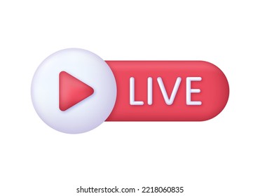 3D Live streaming icon. Button for broadcasting, livestream or online stream. Social media concept. Template for tv, online channel, live breaking news. Trendy and modern vector in 3d style.