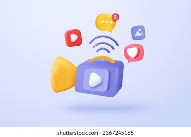 3d live video camera icon isolated  with lens and media button. Realistic film movie 3d icon, play button for streaming multimedia concept. 3d cinema record icon vector render illustration