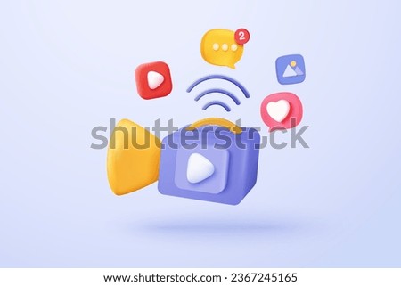 3d live video camera icon isolated  with lens and media button. Realistic film movie 3d icon, play button for streaming multimedia concept. 3d cinema record icon vector render illustration