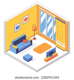 3d living room, interior design, building. Furniture and household appliances, curtains. Environment houses, apartments, flat, apartments, hostel rooms, hotels. Vector linear isometric illustration