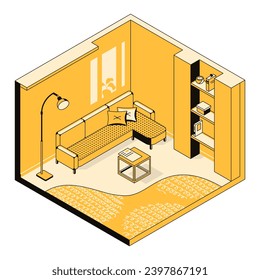 3D living room interior design concept. Cozy room, home, flat, house, indoor environment. Furniture arrangement template for hotel, hostel, real estate, building. Vector linear isometric illustration