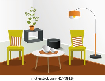 3D living room. Minmalistic real modern design. Vector.