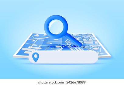 Mapa de papel plegado de ubicación 3D, barra de búsqueda y pin aislados. Icono de marcador de puntero GPS azul. Símbolo de navegación y GPS. Elemento para mapa, redes sociales, aplicaciones móviles. Ilustración vectorial realista