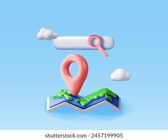 3D location folded paper map, search bar and pin isolated. Red GPS pointer marker icon. Render GPS and navigation symbol. Element for map, social media, mobile apps. Realistic vector illustration