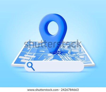 3D Location Folded Paper Map, Search Bar and Pin Isolated. Blue GPS Pointer Marker Icon. GPS and Navigation Symbol. Element for Map, Social Media, Mobile Apps. Realistic Vector Illustration