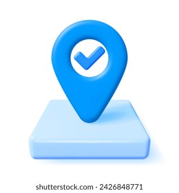 3D Location Map Pin with Checkmark Tick Isolated on White. Blue GPS Pointer Marker Icon. Check Mark Tick, Approvement Concept. Element for Map, Social Media, Mobile Apps. Realistic Vector Illustration