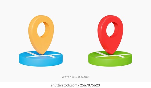 3D Location map pin icon set. Navigation point. Yellow and red markers. GPS navigator. City street roads. Mobile app. Cartoon design icons isolated on white. 3D Vector illustration