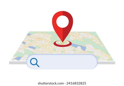 3D Location Map with pin mark, search bar and pointer isolated. GPS and Navigation elements. Map, Social Media and Mobile Apps. Realistic Vector Illustration