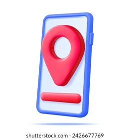 3D Location Map Pin in Smartphone Isolated on White. Blue GPS Pointer Marker Icon. GPS and Navigation Symbol and Phone. Element for Map, Social Media, Mobile Apps. Realistic Vector Illustration