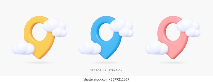 3D Location pin with clouds in blue, yellow and pink. Navigation mark. Travel tag with shadow. Minimal element for map, web and gps. Cartoon creative design icon isolated. 3D Vector illustration