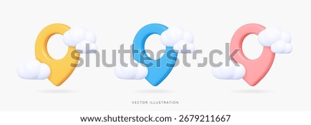 3D Location pin with clouds in blue, yellow and pink. Navigation mark. Travel tag with shadow. Minimal element for map, web and gps. Cartoon creative design icon isolated. 3D Vector illustration