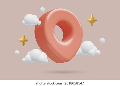 Icono de plástico lindo del perno de la ubicación 3D con las nubes y las estrellas. Diseño de Anuncio tridimensional de Dirección y puntero de lugar.