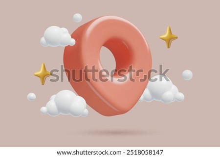 3d location pin cute plastic icon with clouds and stars. Address and place pointer three dimensional banner design.