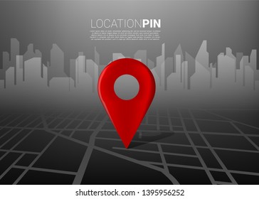 3D location pin marker on city road map with building background. Concept for GPS navigation system infographic