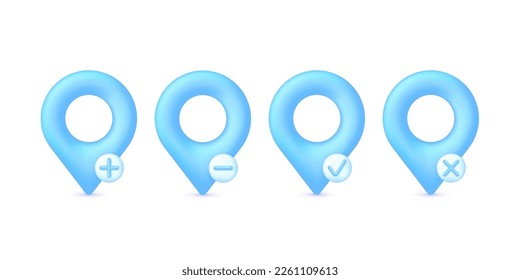 3D Location pin and plus, minus, check, cross marks. GPS navigator pointer. Trendy and modern vector in 3d style