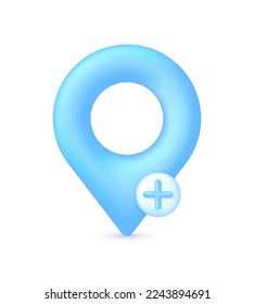 3D Location pin and plus sign. GPS navigator pointer. Trendy and modern vector in 3d style