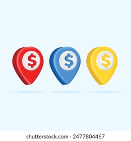 3D location pin point with red blue yellow color with money icon