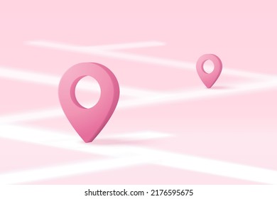 3D location point marker of map or navigation pin icon sign on isolated pink background. navigation is pink pastel colour with shadow on map direction. 3d GPS pin vector rendering illustration