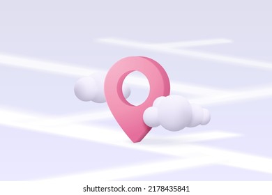 3D Location Point Marker Of Map Or Navigation Pin Icon Sign On Isolated Cloud Background. Navigation Is Pink Pastel Colour With Shadow On Map Direction. 3d GPS Pin Vector Rendering Illustration