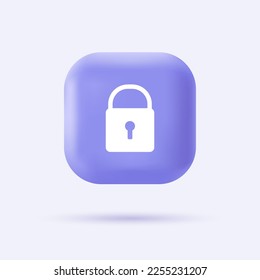 3d lock icon. Internet security sign on realistic violet button. Modern infographic logo and pictogram. Vector cartoon illustration.