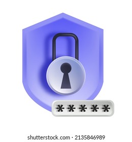 3D lock icon, vector secure log in clipart, secure password web concept, private business web entry. Personal data protection, shield sign, cyber safe finance sign in service. 3D lock illustration
