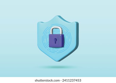 3d bloqueo en el diseño de ilustración vectorial de icono de escudo. Concepto de seguridad y protección en fondo azul.