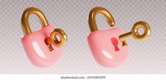 3d lock pink secure padlock with key to safe open. Password locker isolated illustration for privacy and insurance design. Business security object with golden element. House access solution sign