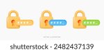 3D Locked padlock with password. Golden Lock and pin code entry. Security and safety. Cyber Privacy concept. Cartoon creative icon set design for web and app isolated on white background. 3D Vector