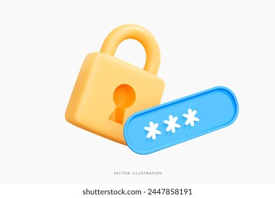 3D Locked padlock with password. Golden Lock and PIN code entry. Security and safety. Cyber Privacy concept. Cartoon creative icon design for web and app isolated on white background. 3D Vector Object