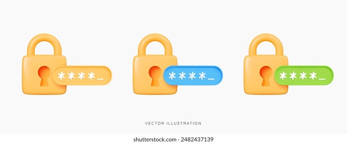 3D Locked padlock with password. Golden Lock and pin code entry. Security and safety. Cyber Privacy concept. Cartoon creative icon set design for web and app isolated on white background. 3D Vector