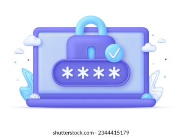 3D Locked padlock and password on Computer. Cyber security to Protect Personal Data. User authorization, sign in to account, authentication page. Trendy and modern vector in 3d style