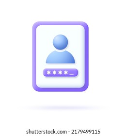 3d login page icon. Symbol of registration, password form, authentication. Vector illustration.