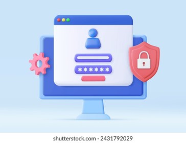 3d Login and password concept. Online file protection system concept with computer and lock. secure login form for personal online account or social media profile. 3d rendering. Vector illustration