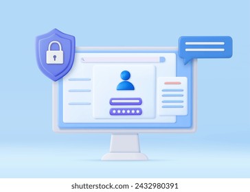 3d Login and password concept. Online file protection system concept with computer and lock. secure login form for personal online account or social media profile. 3d rendering. Vector illustration