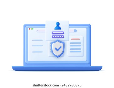 3d Login und Passwort Konzept. Online-Dateischutz-Systemkonzept mit Computer und Schloss, sicheres Anmeldeformular für persönliche Online-Konten oder Social-Media-Profile. 3D-Rendering Vektorgrafik