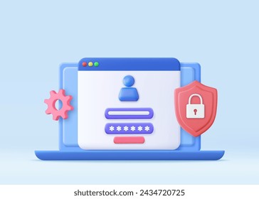 3d Login and password concept. Online file protection system concept with computer and lock. secure login form for personal online account or social media profile. 3d rendering. Vector illustration