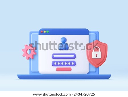 3d Login and password concept. Online file protection system concept with computer and lock. secure login form for personal online account or social media profile. 3d rendering. Vector illustration