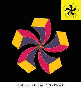 3d logo depicting 5 long boxes arranged to resemble a spiral pentagon. Vector logo with 3 soft colors in Eps 8.